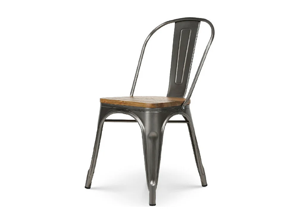 Chaise en métal brut avec assise en bois massif clair - Aspect galvanisé