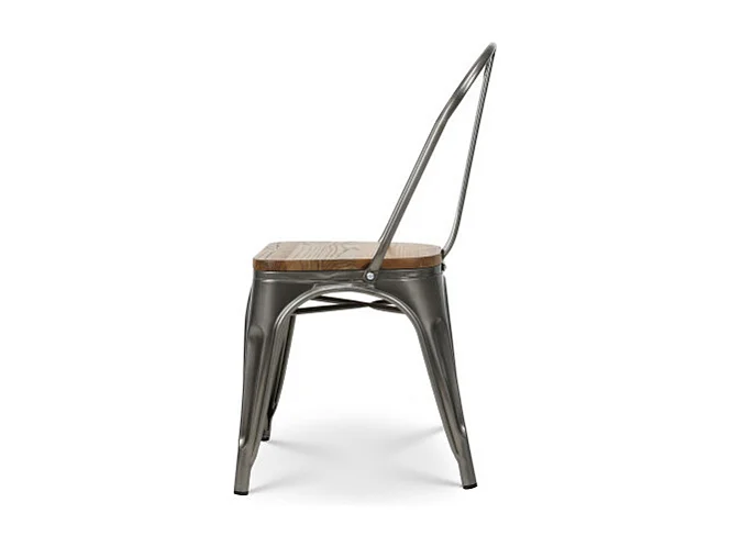 Chaise en métal brut avec assise en bois massif clair - Aspect galvanisé