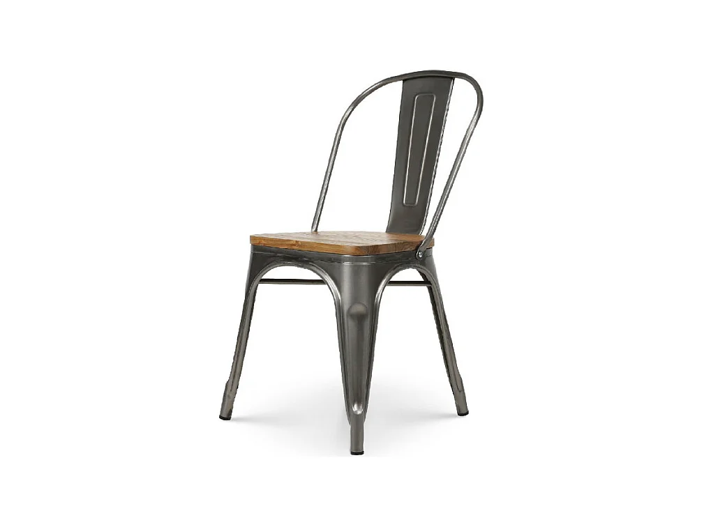 Chaise en métal brut avec assise en bois massif clair - Aspect galvanisé