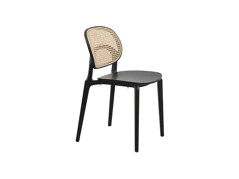Chaise noire, assise bois et cannage naturel