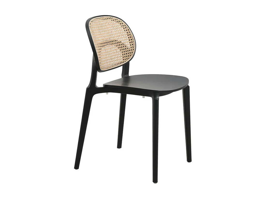 Chaise noire, assise bois et cannage naturel