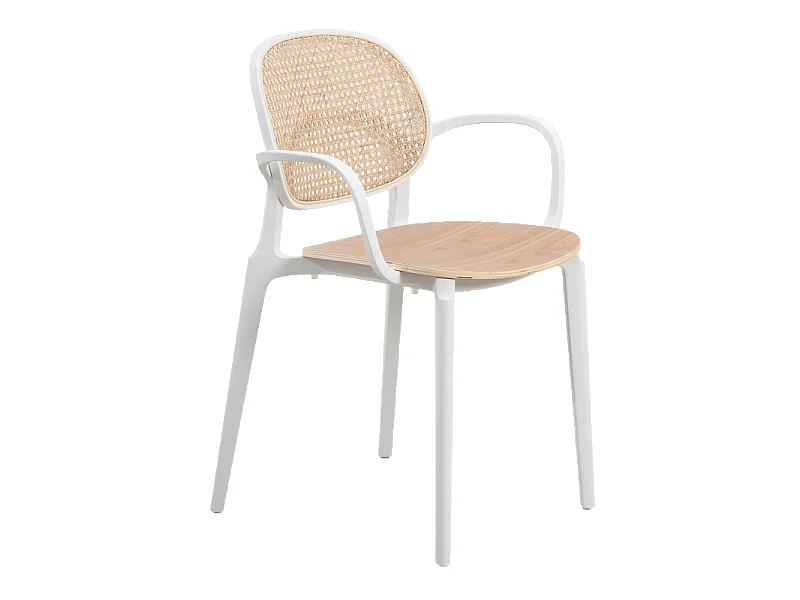 Fauteuil avec structure blanche, assise bois et cannage naturel