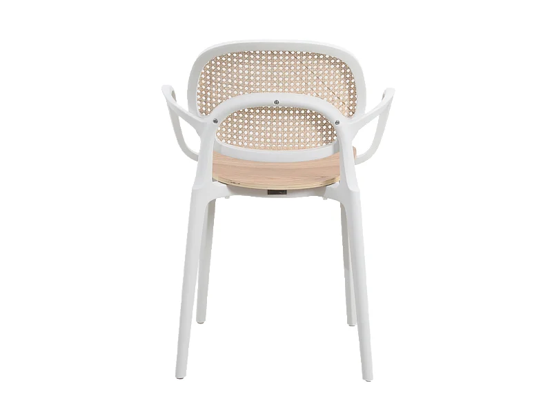 Fauteuil avec structure blanche, assise bois et cannage naturel