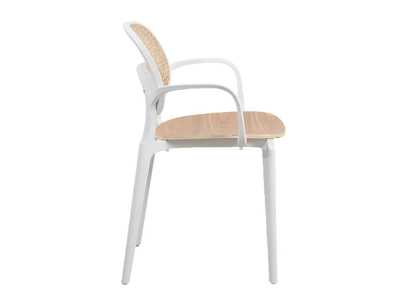 Fauteuil avec structure blanche, assise bois et cannage naturel