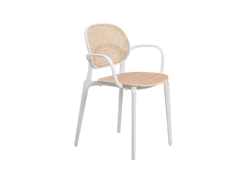 Fauteuil avec structure blanche, assise bois et cannage naturel