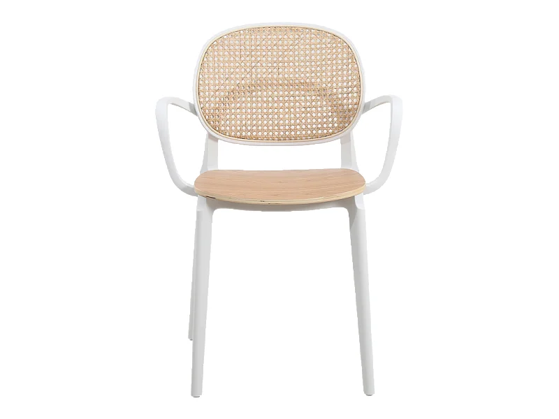 Fauteuil avec structure blanche, assise bois et cannage naturel