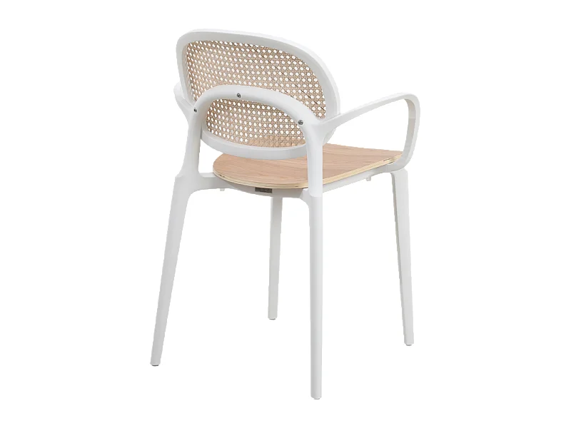 Fauteuil avec structure blanche, assise bois et cannage naturel