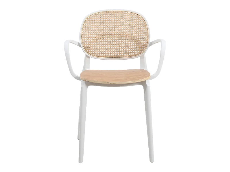 Fauteuil avec structure blanche, assise bois et cannage naturel