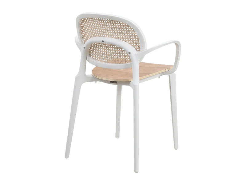 Fauteuil avec structure blanche, assise bois et cannage naturel