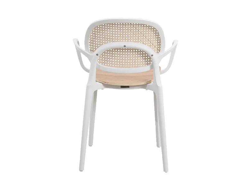 Fauteuil avec structure blanche, assise bois et cannage naturel