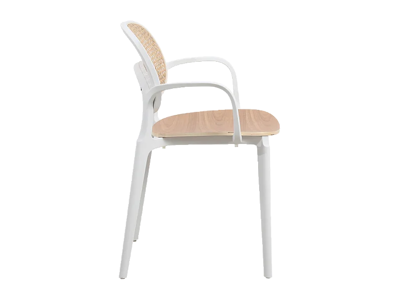 Fauteuil avec structure blanche, assise bois et cannage naturel