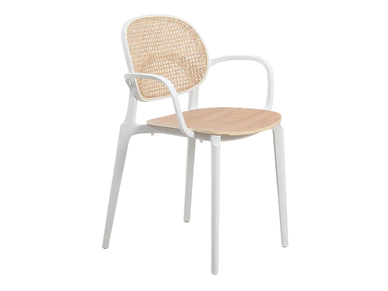 Fauteuil avec structure blanche, assise bois et cannage naturel