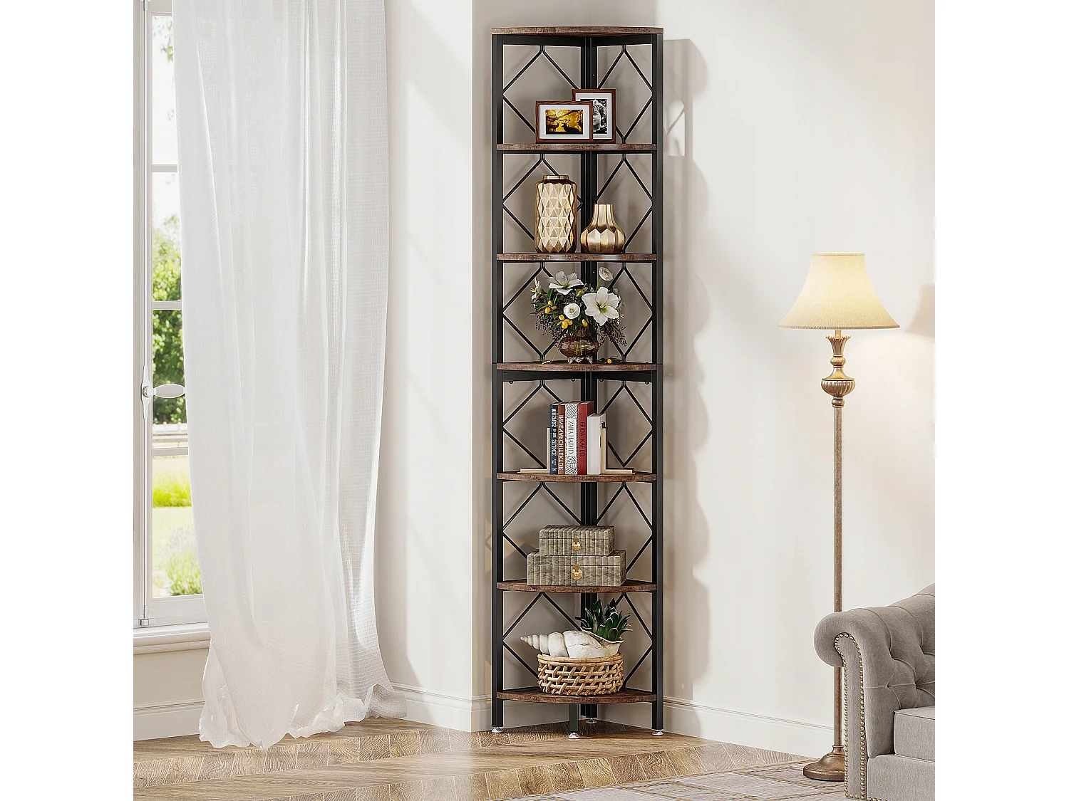 Estante de canto ultra - alta com 7 níveis, estante de canto industrial refinada para pequenos espaços apertados