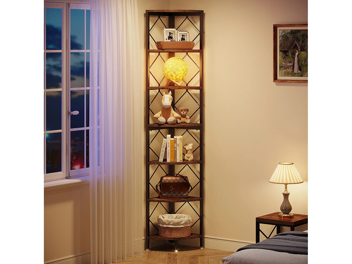 Estante de canto ultra - alta com 7 níveis, estante de canto industrial refinada para pequenos espaços apertados