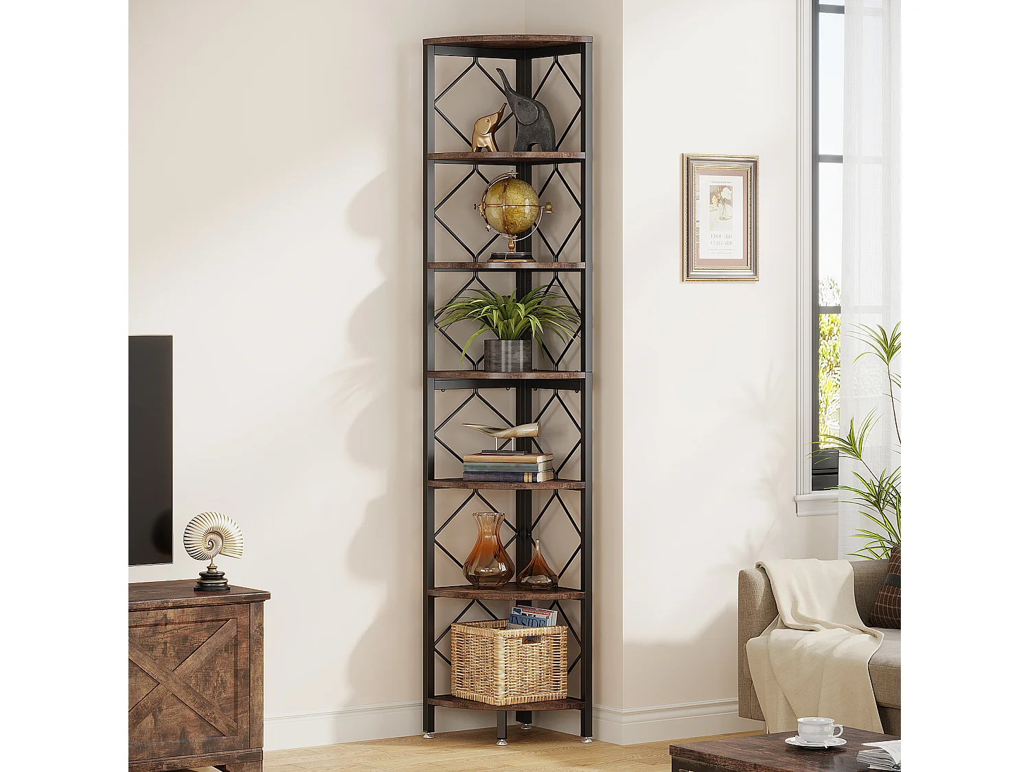 Bibliothèque d'angle extra haute de 7 niveaux, bibliothèque d'angle industrielle fine pour petit espace étroit