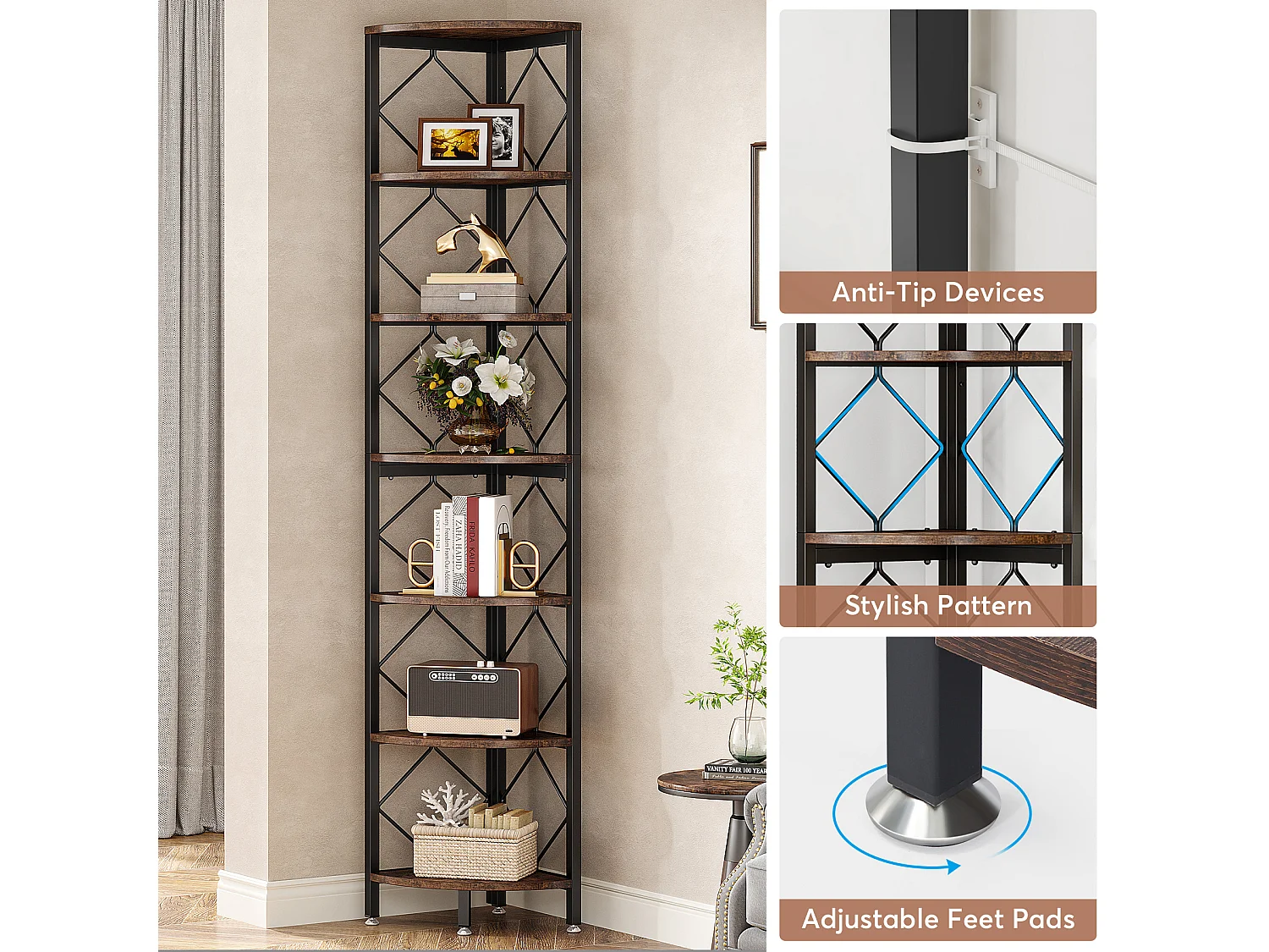 Bibliothèque d'angle extra haute de 7 niveaux, bibliothèque d'angle industrielle fine pour petit espace étroit