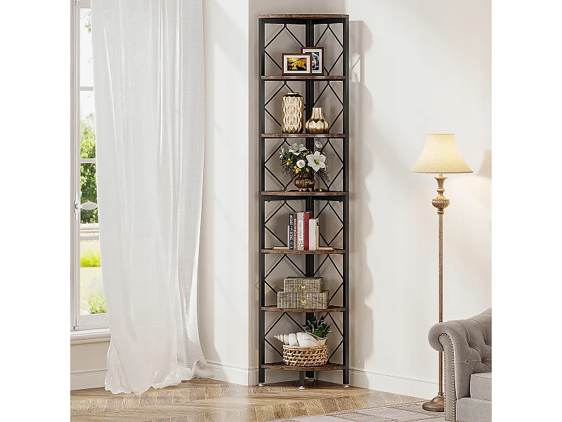 Bibliothèque d'angle extra haute de 7 niveaux, bibliothèque d'angle industrielle fine pour petit espace étroit