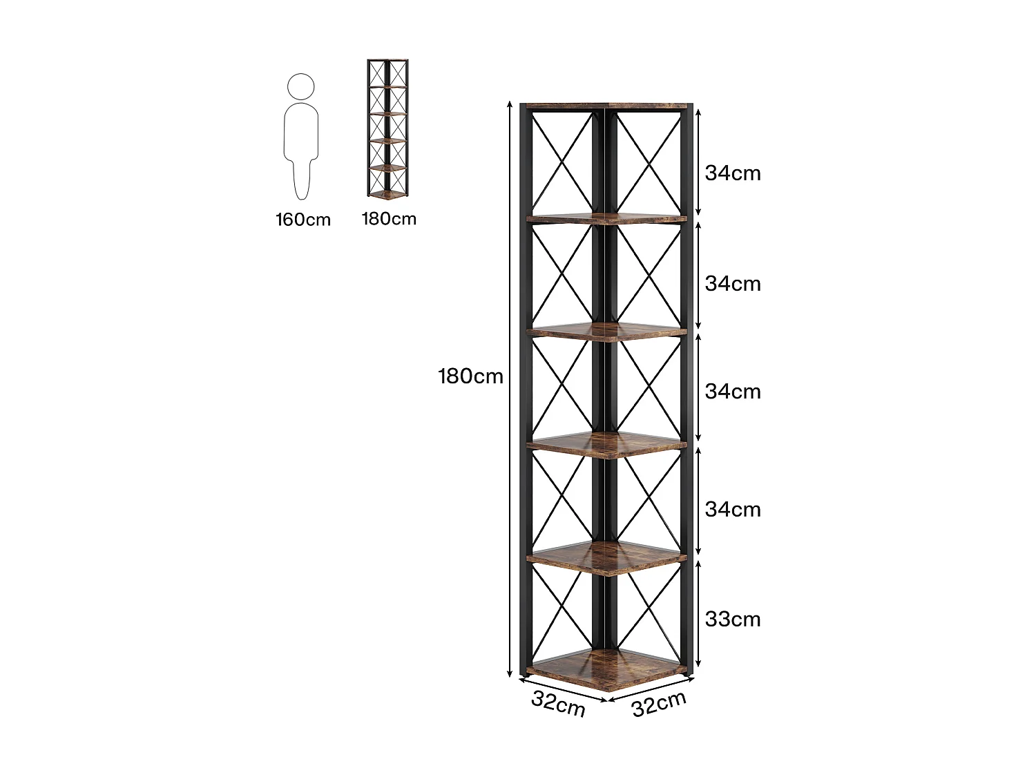 Bibliothèque d'angle, étagère de Rangement étagère, Support de Plante, 6 Niveaux Industriel pour la Maison, Bureau, Salon, Marron Vintage, 32x32x180cm