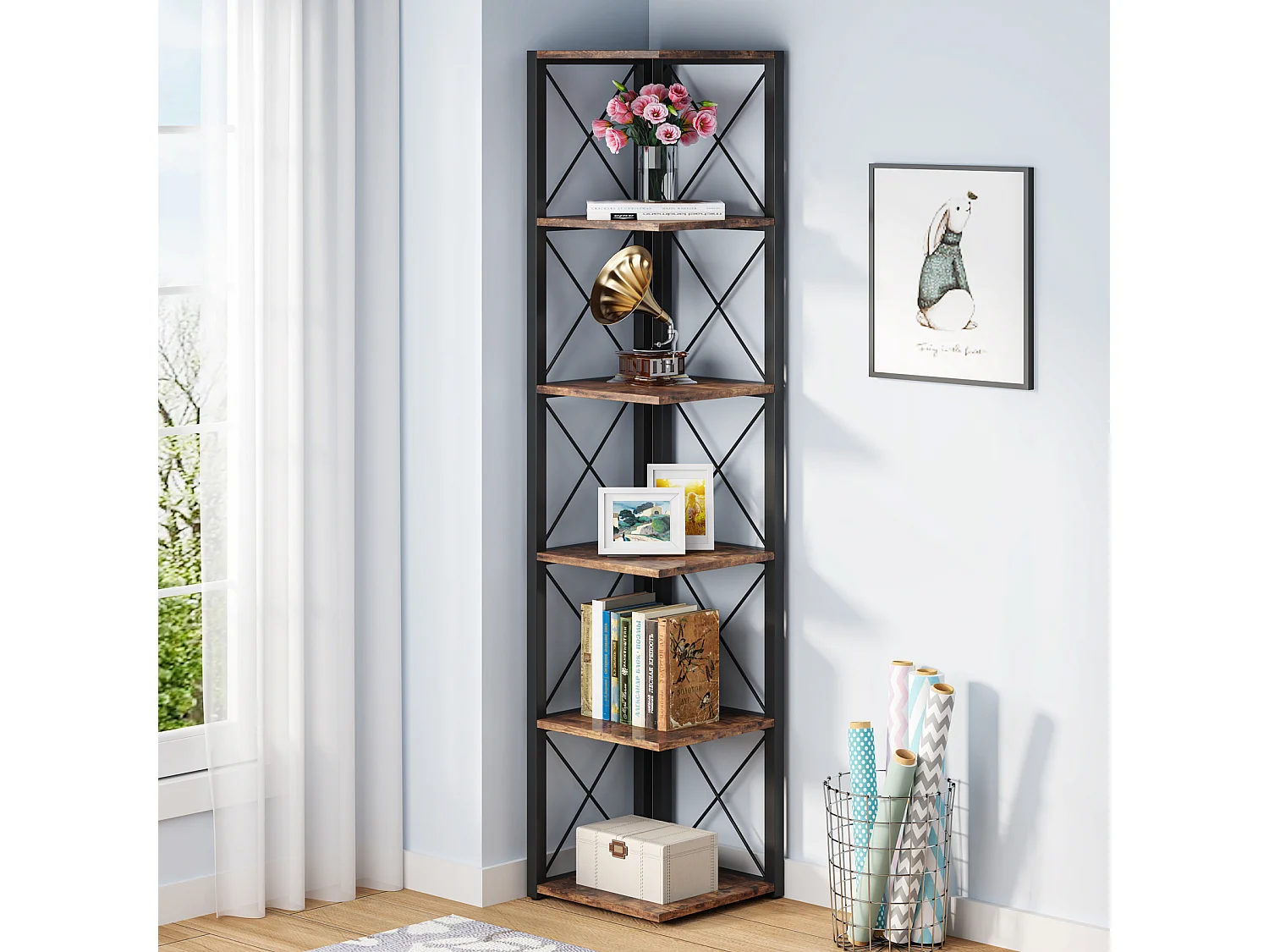 Bibliothèque d'angle, étagère de Rangement étagère, Support de Plante, 6 Niveaux Industriel pour la Maison, Bureau, Salon, Marron Vintage, 32x32x180cm