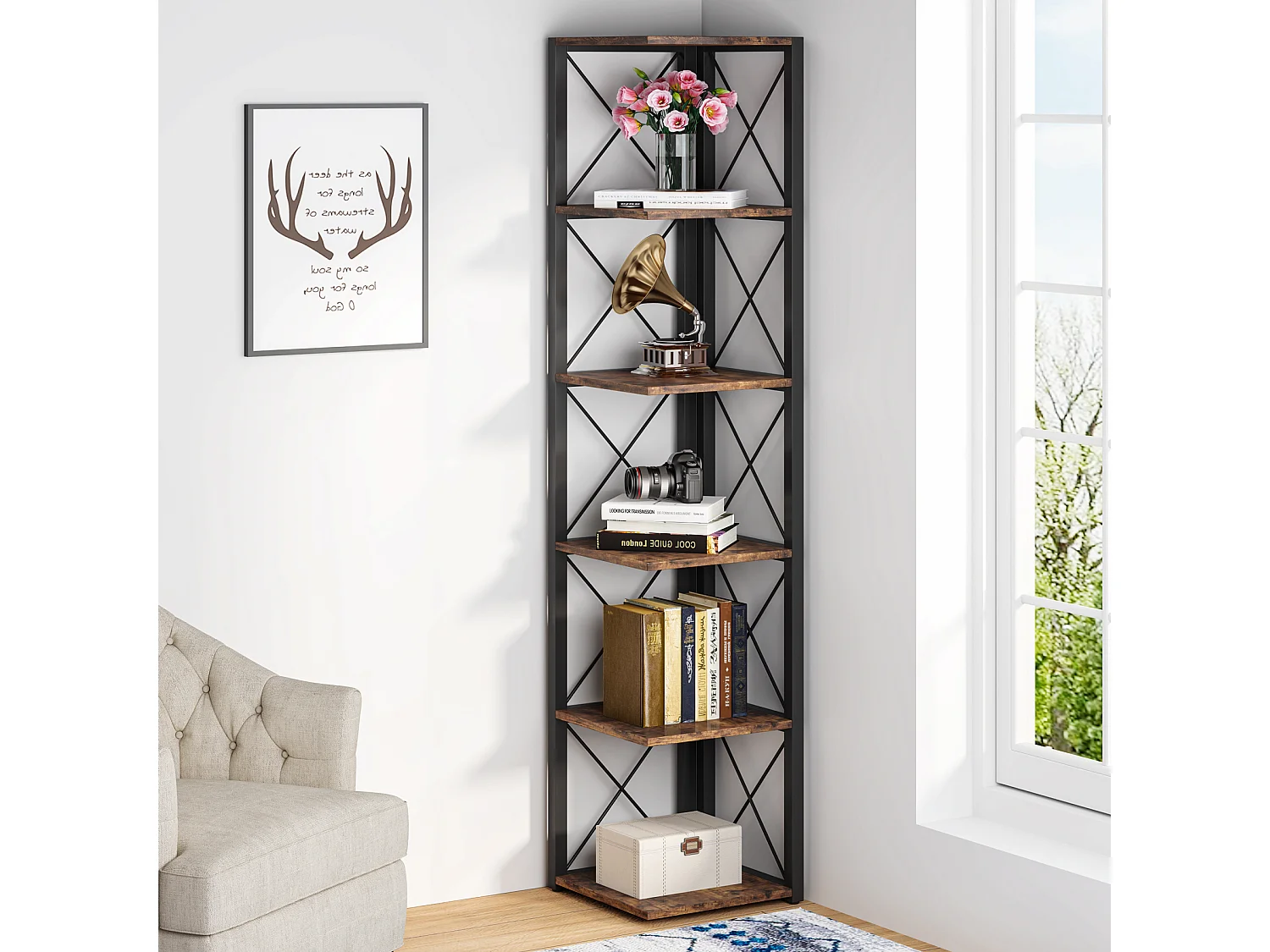 Bibliothèque d'angle, étagère de Rangement étagère, Support de Plante, 6 Niveaux Industriel pour la Maison, Bureau, Salon, Marron Vintage, 32x32x180cm