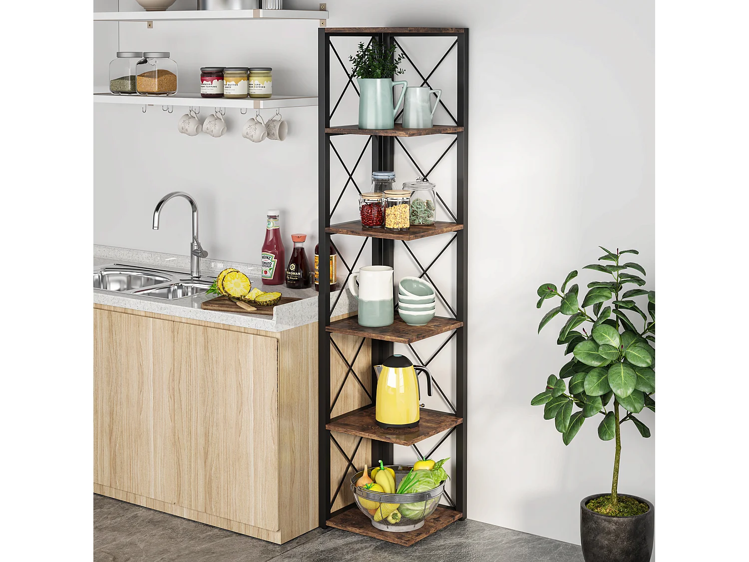 Bibliothèque d'angle, étagère de Rangement étagère, Support de Plante, 6 Niveaux Industriel pour la Maison, Bureau, Salon, Marron Vintage, 32x32x180cm