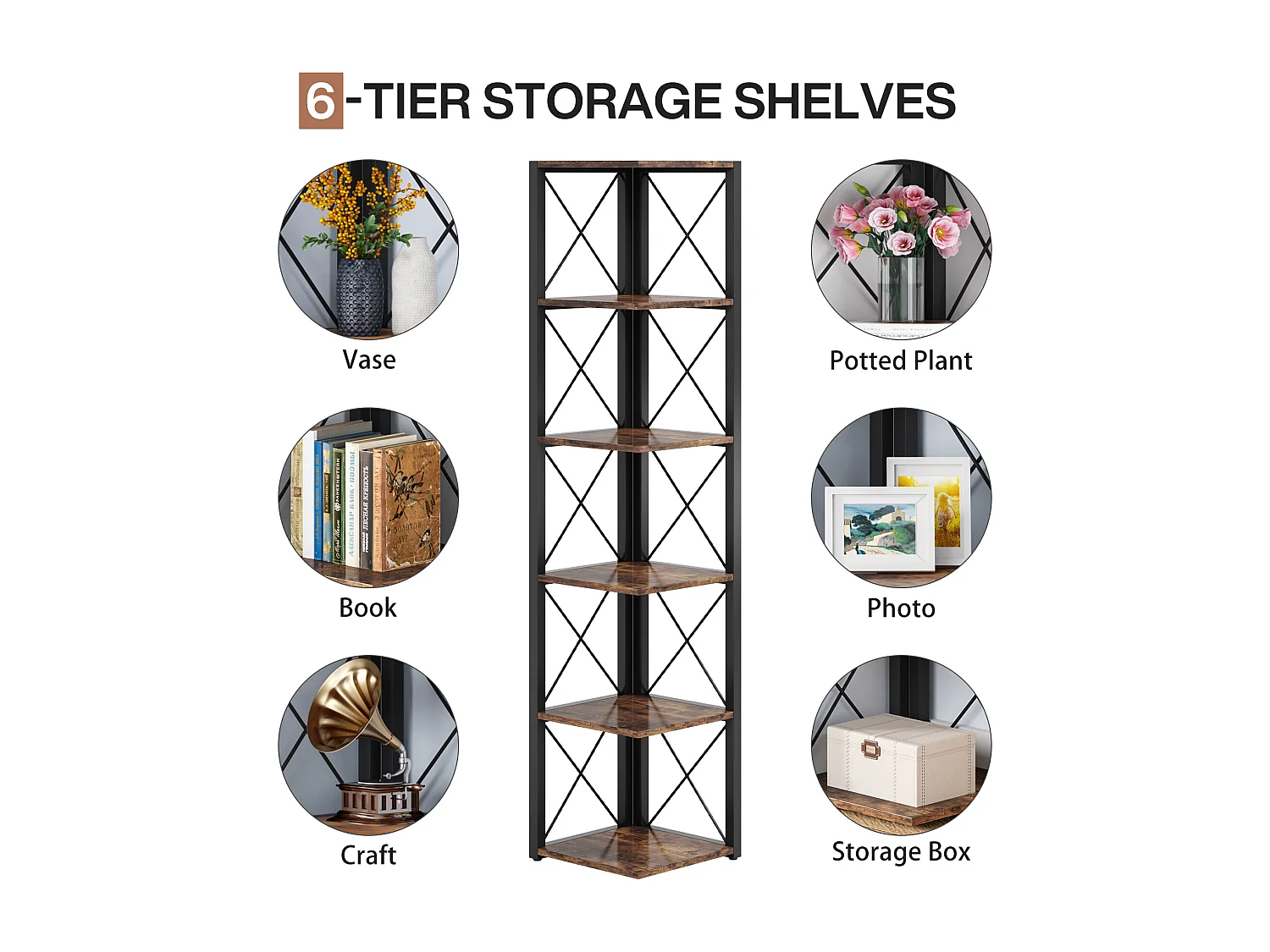 Bibliothèque d'angle, étagère de Rangement étagère, Support de Plante, 6 Niveaux Industriel pour la Maison, Bureau, Salon, Marron Vintage, 32x32x180cm