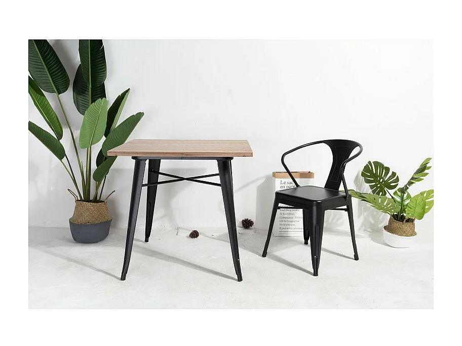 Table style industriel en métal noir mat et bois clair - 80x80 cm