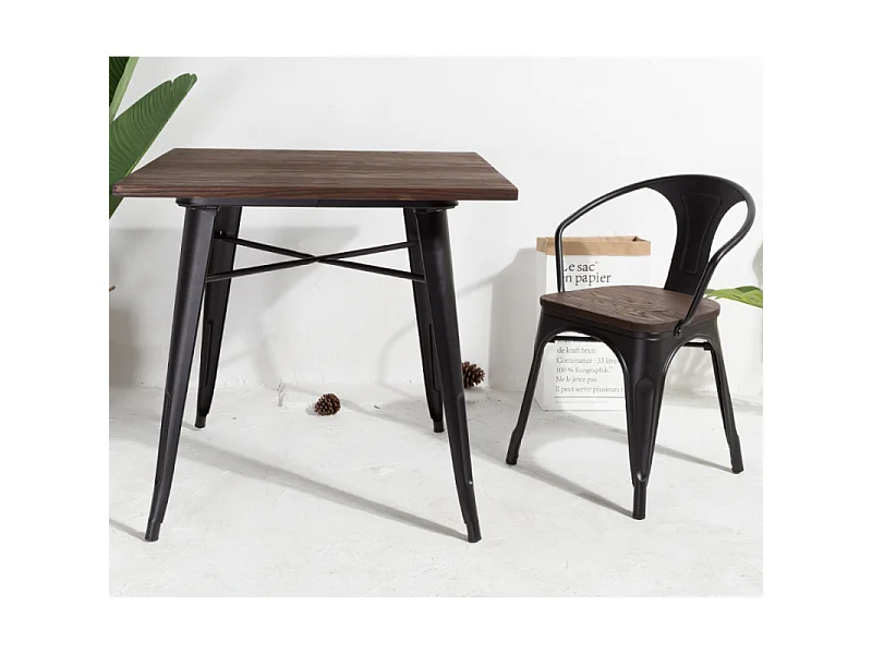 Table style industriel en métal noir mat et bois foncé - 80x80 cm