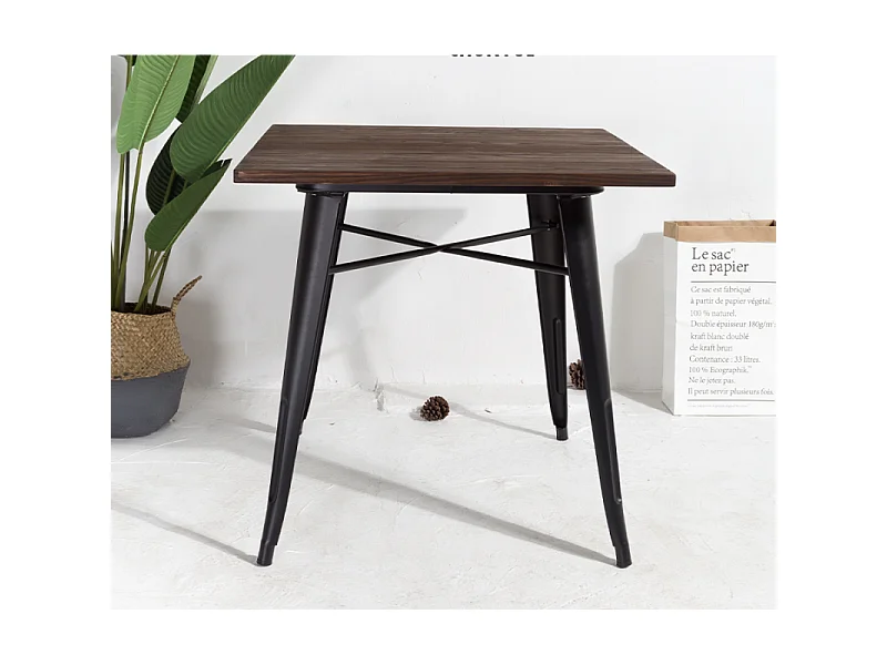 Table style industriel en métal noir mat et bois foncé - 80x80 cm