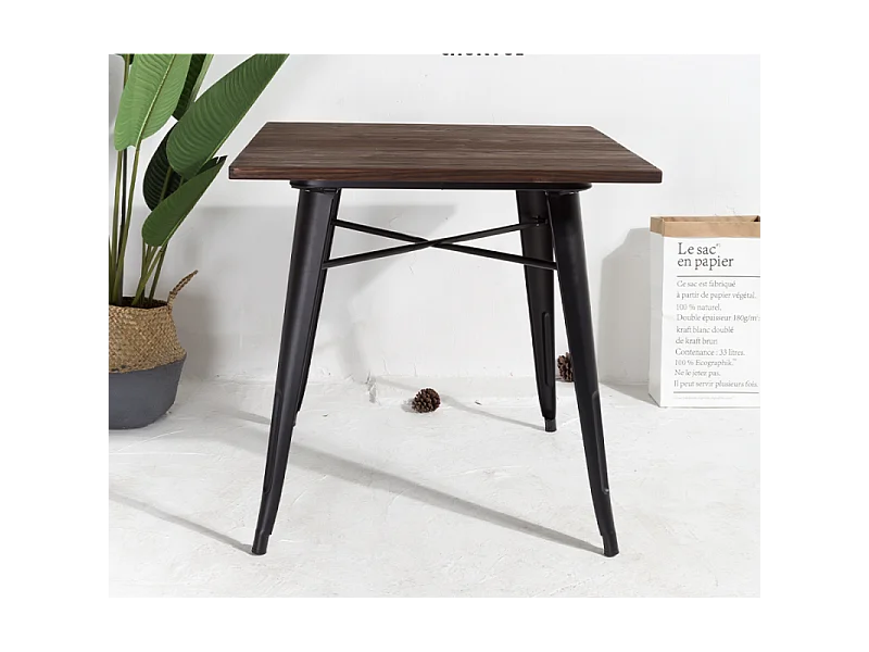 Table style industriel en métal noir mat et bois foncé - 80x80 cm