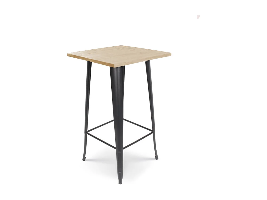 Table de bar "Mange Debout" style industriel en métal noir mat et plateau bois clair - 60x60 cm