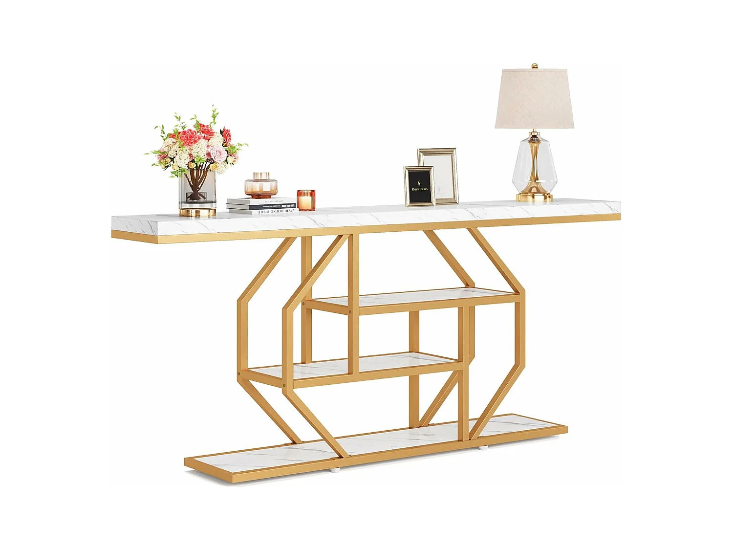 Table Console Extra Longue - 180 x 30 cm - Table Basse Moderne dorée derrière Le canapé avec Rangement - Table d'entrée à 4 Niveaux, Blanc et doré