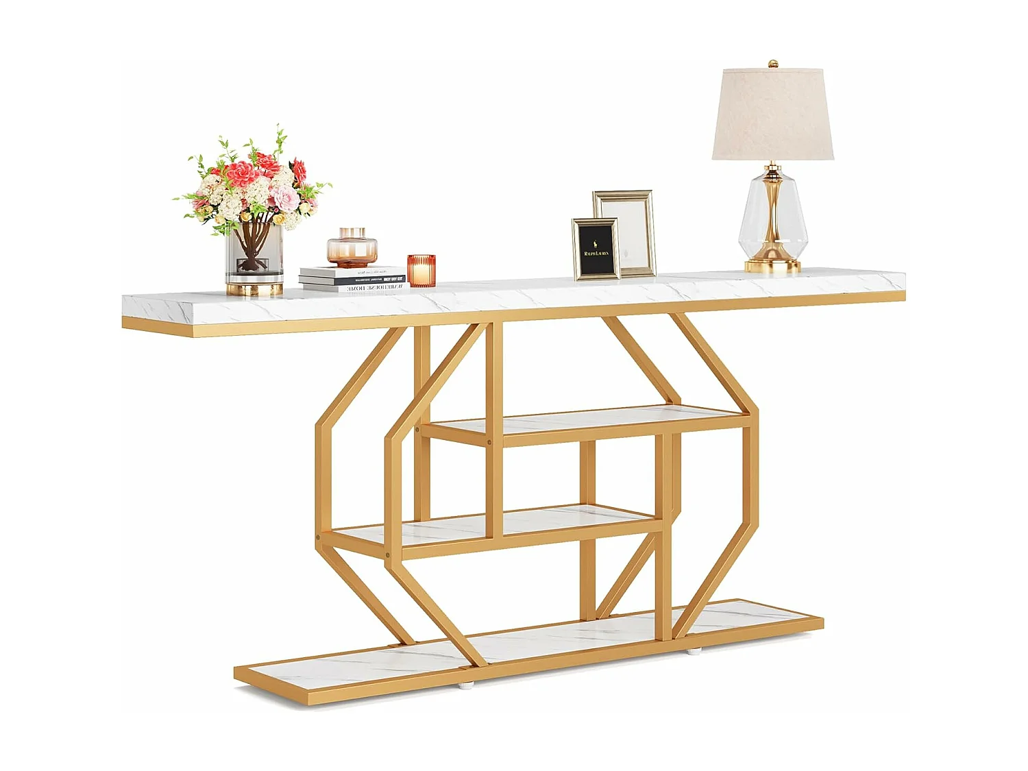 Extra lange consoletafel - 180 x 30 cm - moderne gouden salontafel achter de bank met opbergruimte - 4-laags haltafel, wit en goud