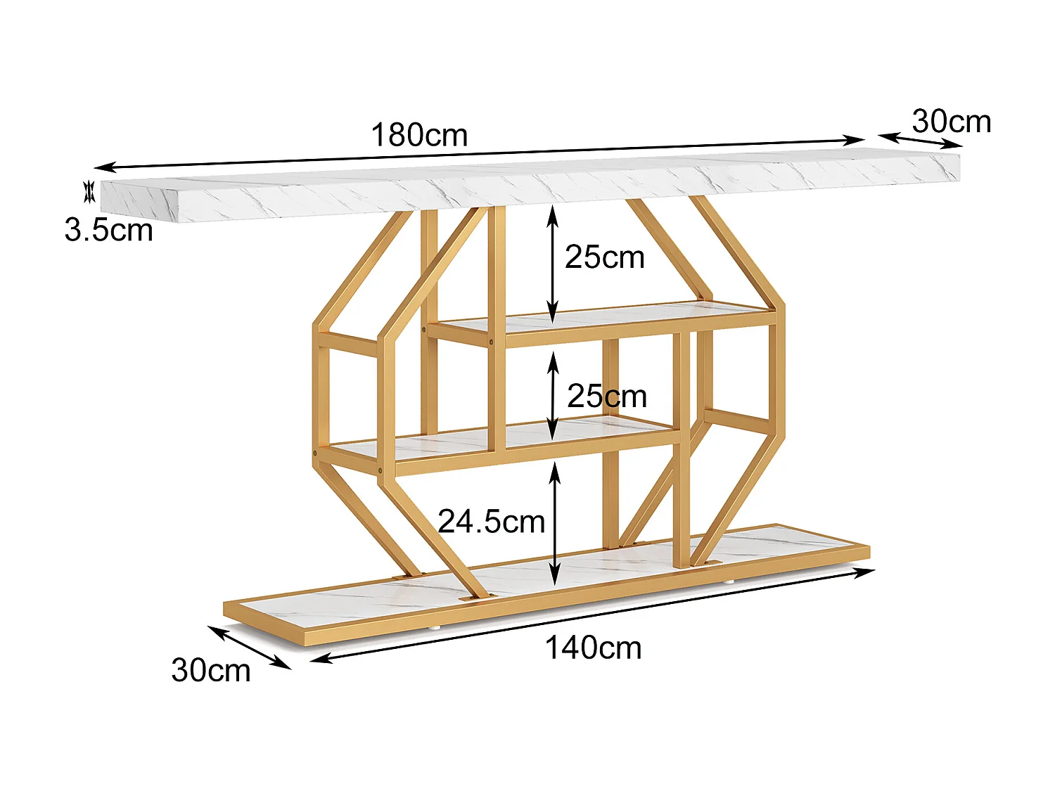Extra lange consoletafel - 180 x 30 cm - moderne gouden salontafel achter de bank met opbergruimte - 4-laags haltafel, wit en goud