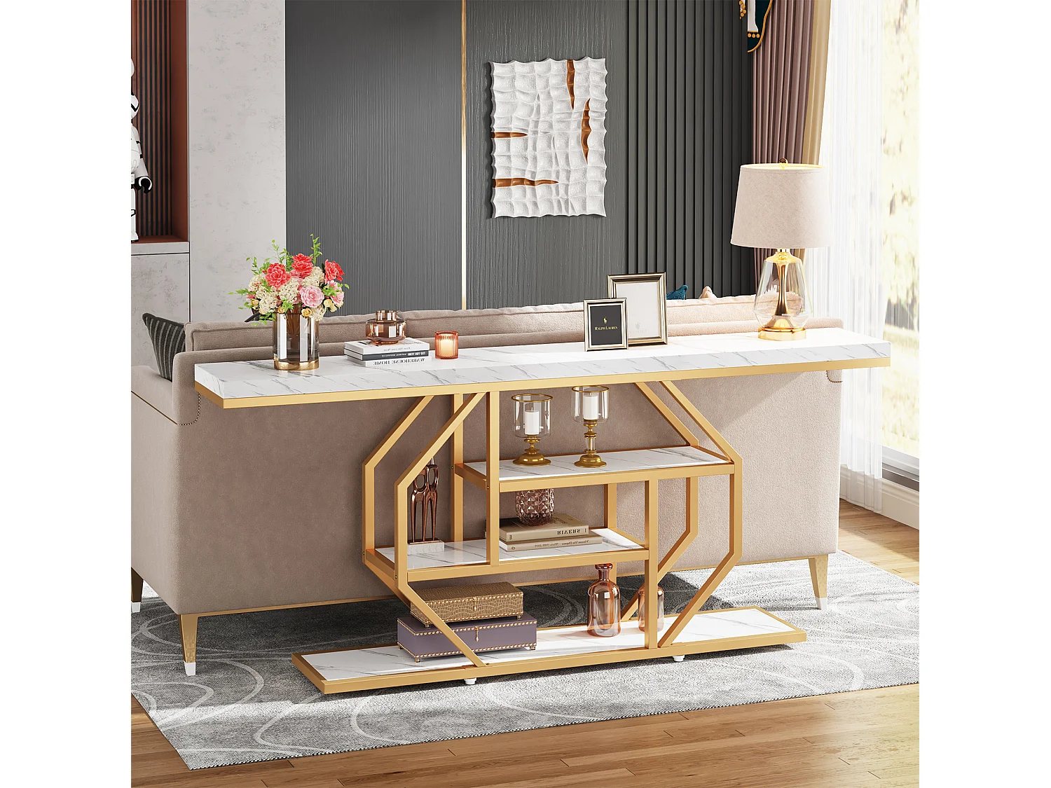 Extra lange consoletafel - 180 x 30 cm - moderne gouden salontafel achter de bank met opbergruimte - 4-laags haltafel, wit en goud