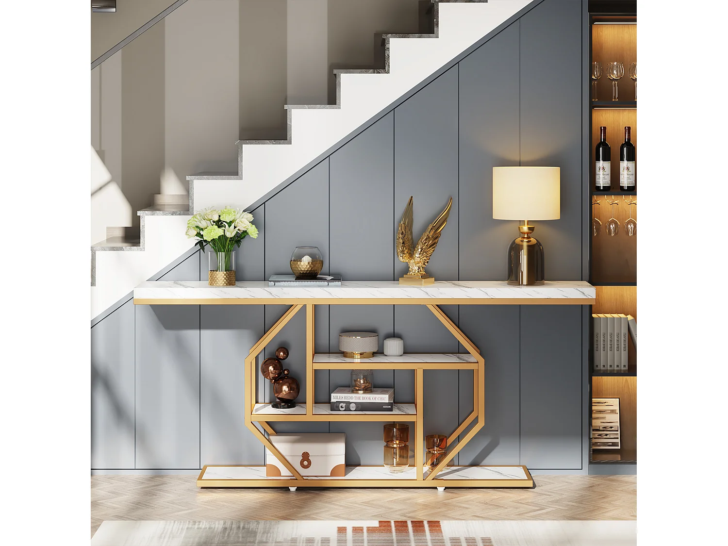 Extra lange consoletafel - 180 x 30 cm - moderne gouden salontafel achter de bank met opbergruimte - 4-laags haltafel, wit en goud