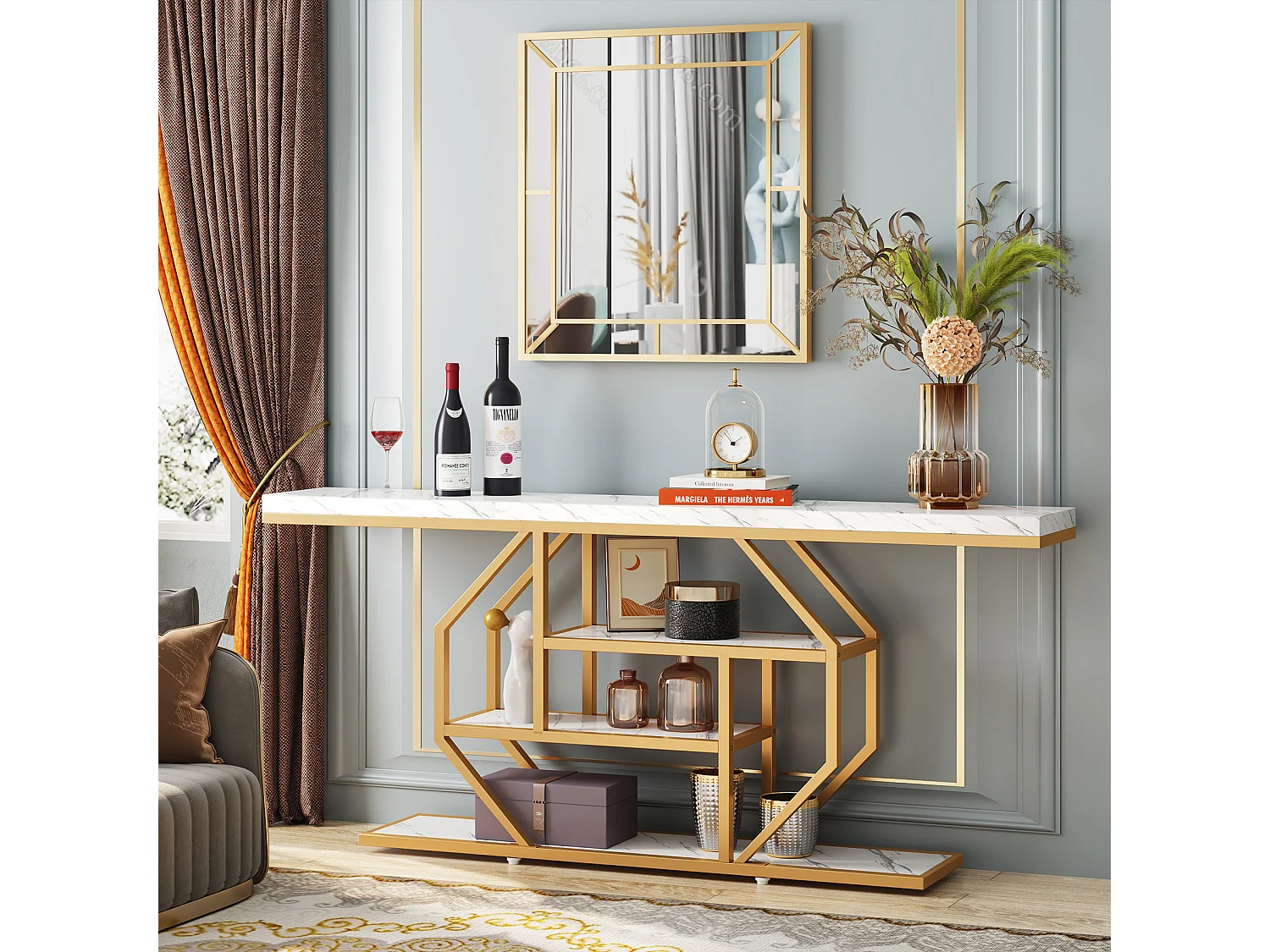 Extra lange consoletafel - 180 x 30 cm - moderne gouden salontafel achter de bank met opbergruimte - 4-laags haltafel, wit en goud