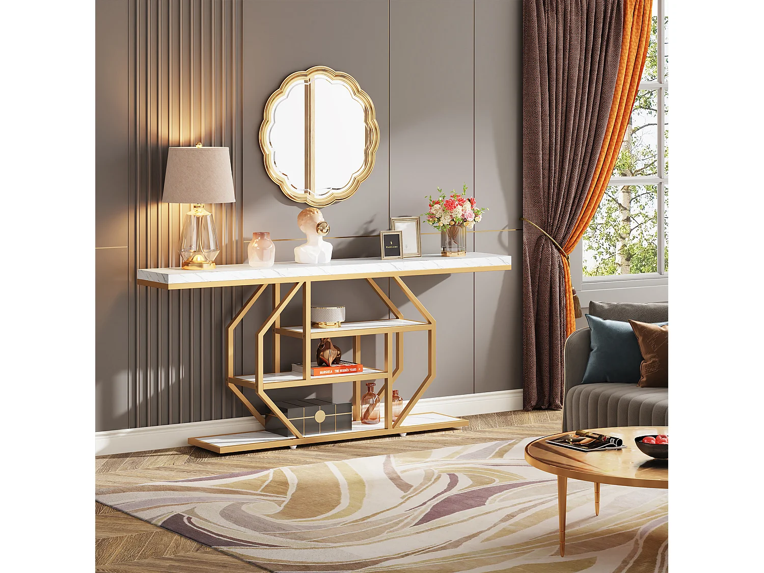 Extra lange consoletafel - 180 x 30 cm - moderne gouden salontafel achter de bank met opbergruimte - 4-laags haltafel, wit en goud