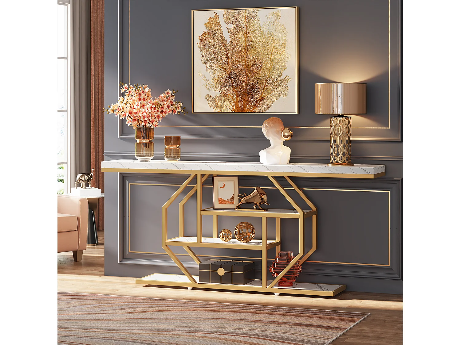 Extra lange consoletafel - 180 x 30 cm - moderne gouden salontafel achter de bank met opbergruimte - 4-laags haltafel, wit en goud