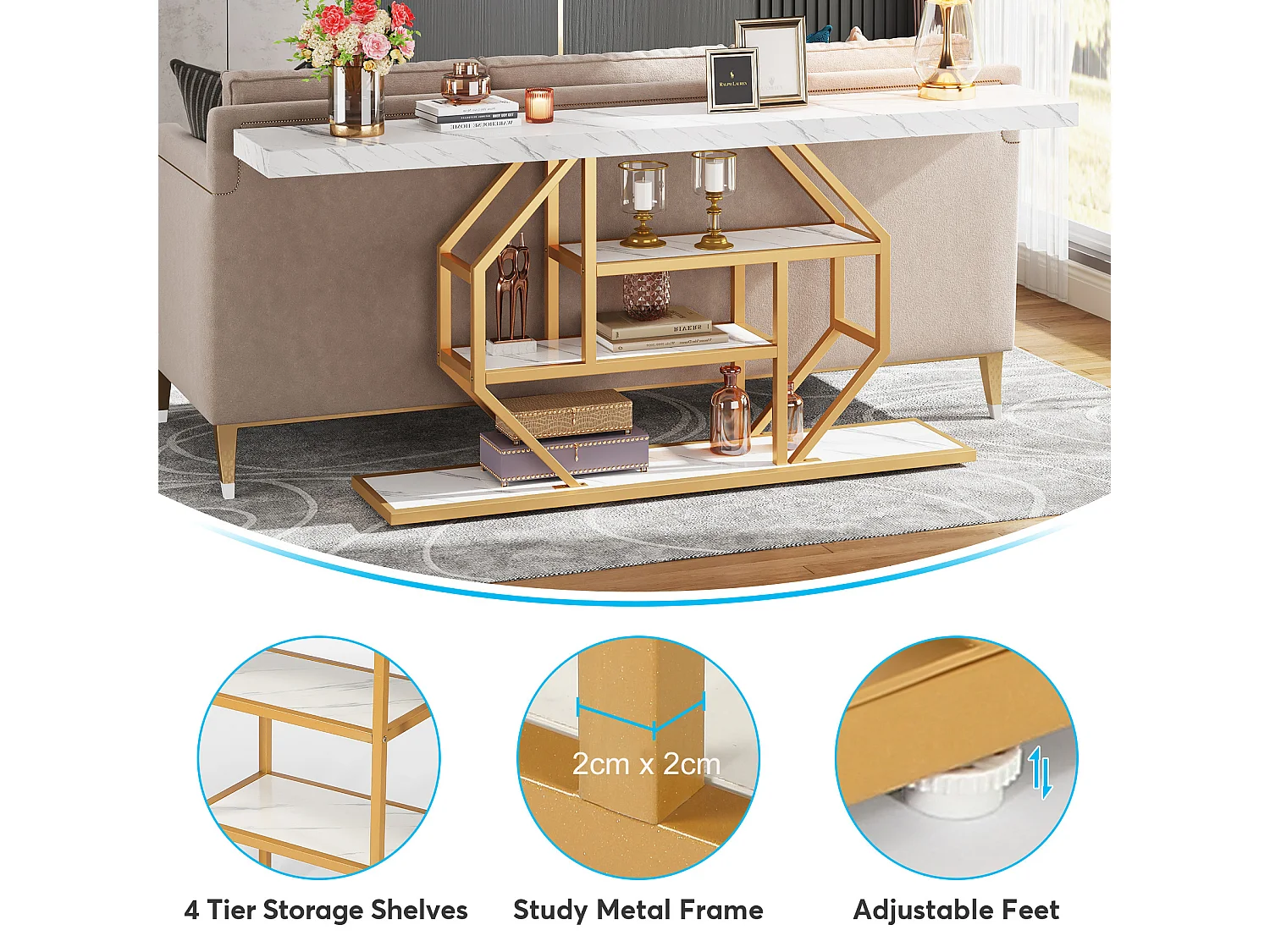 Extra lange consoletafel - 180 x 30 cm - moderne gouden salontafel achter de bank met opbergruimte - 4-laags haltafel, wit en goud