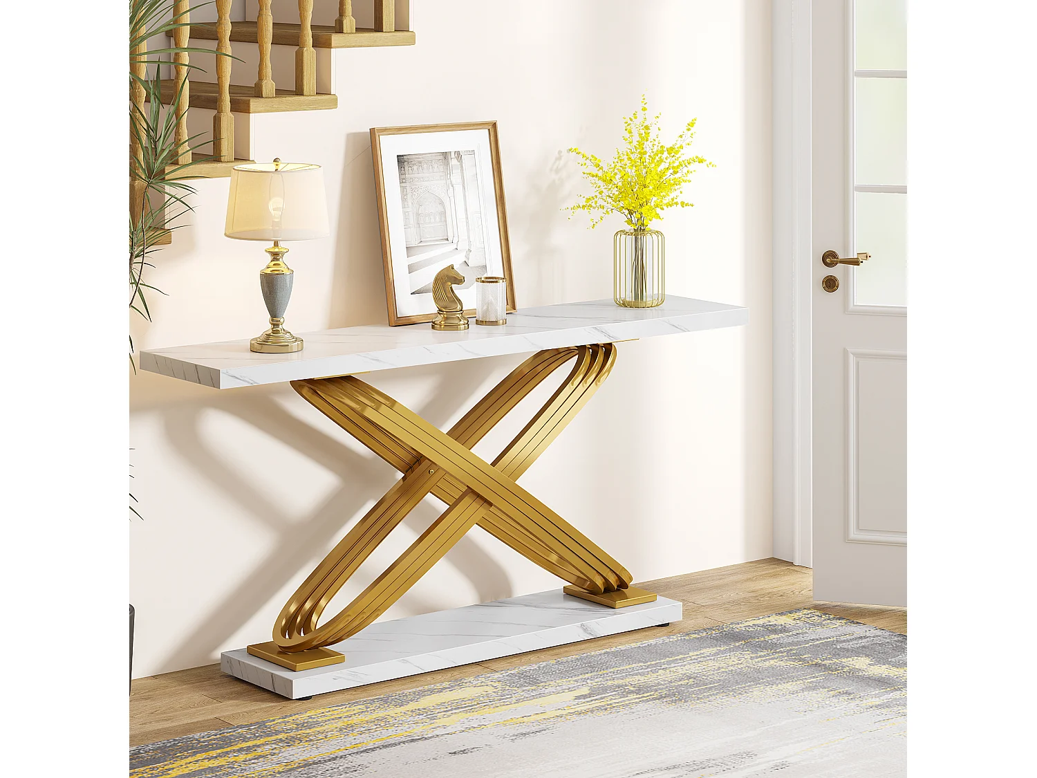 Table Console d'entrée, 140 x 33 x 80 cm Table Console Moderne, Table d'entrée avec Pieds Métalliques Géométriques,Blanc et Doré