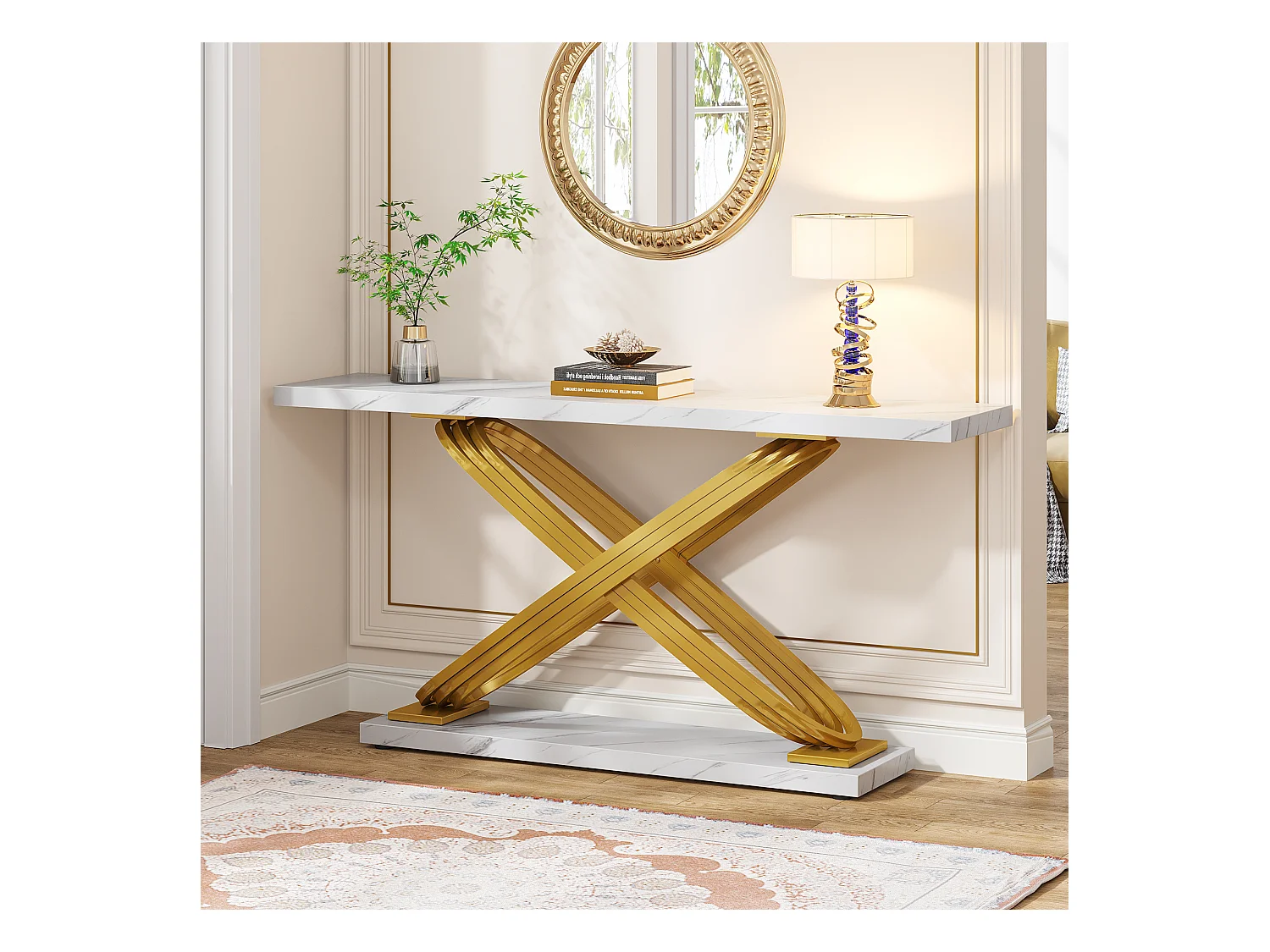Table Console d'entrée, 140 x 33 x 80 cm Table Console Moderne, Table d'entrée avec Pieds Métalliques Géométriques,Blanc et Doré