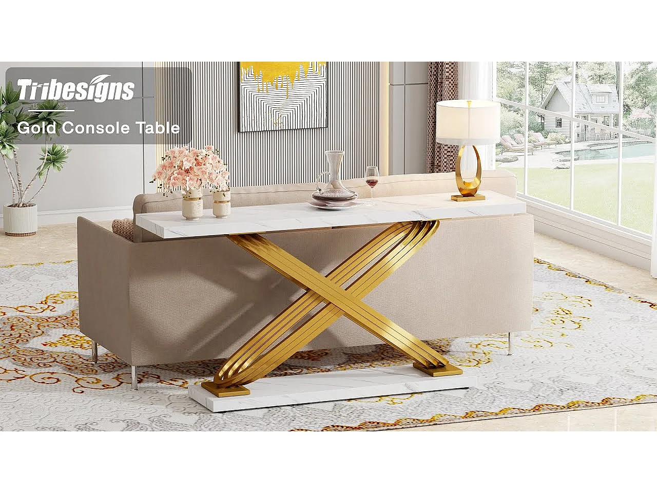 Table Console d'entrée, 140 x 33 x 80 cm Table Console Moderne, Table d'entrée avec Pieds Métalliques Géométriques,Blanc et Doré