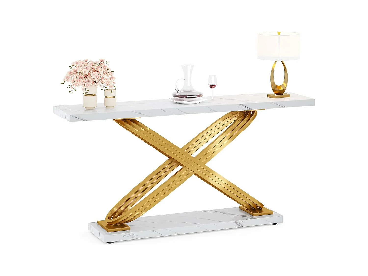 Consola de entrada de mesa, 140 x 33 x 80 cm, Consola de mesa moderna, Mesa de entrada con patas metálicas geométricas, blanco y dorado
