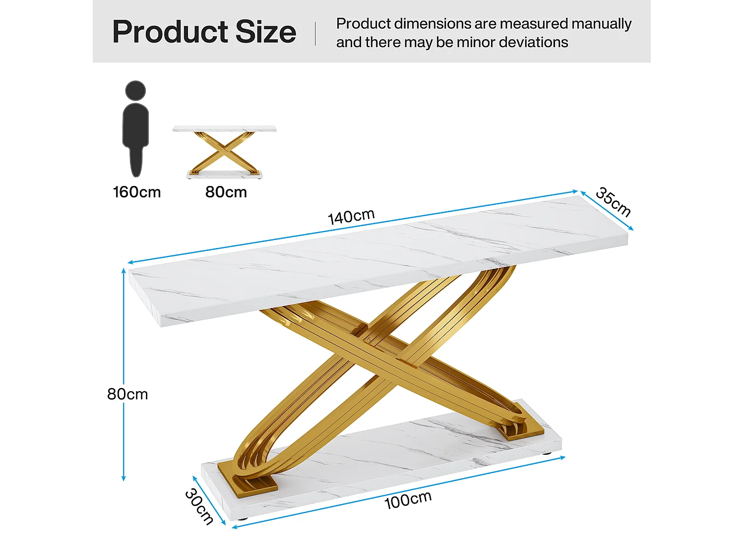 Entreeconsoletafel, 140 x 33 x 80 cm, moderne consoletafel, entreetafel met geometrische metalen poten, wit en goud