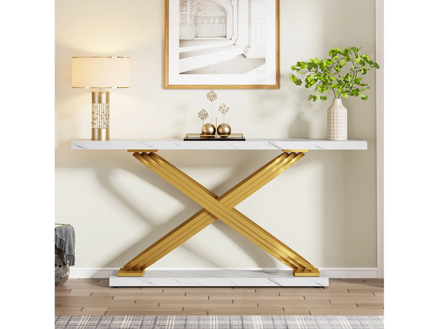 Entreeconsoletafel, 140 x 33 x 80 cm, moderne consoletafel, entreetafel met geometrische metalen poten, wit en goud