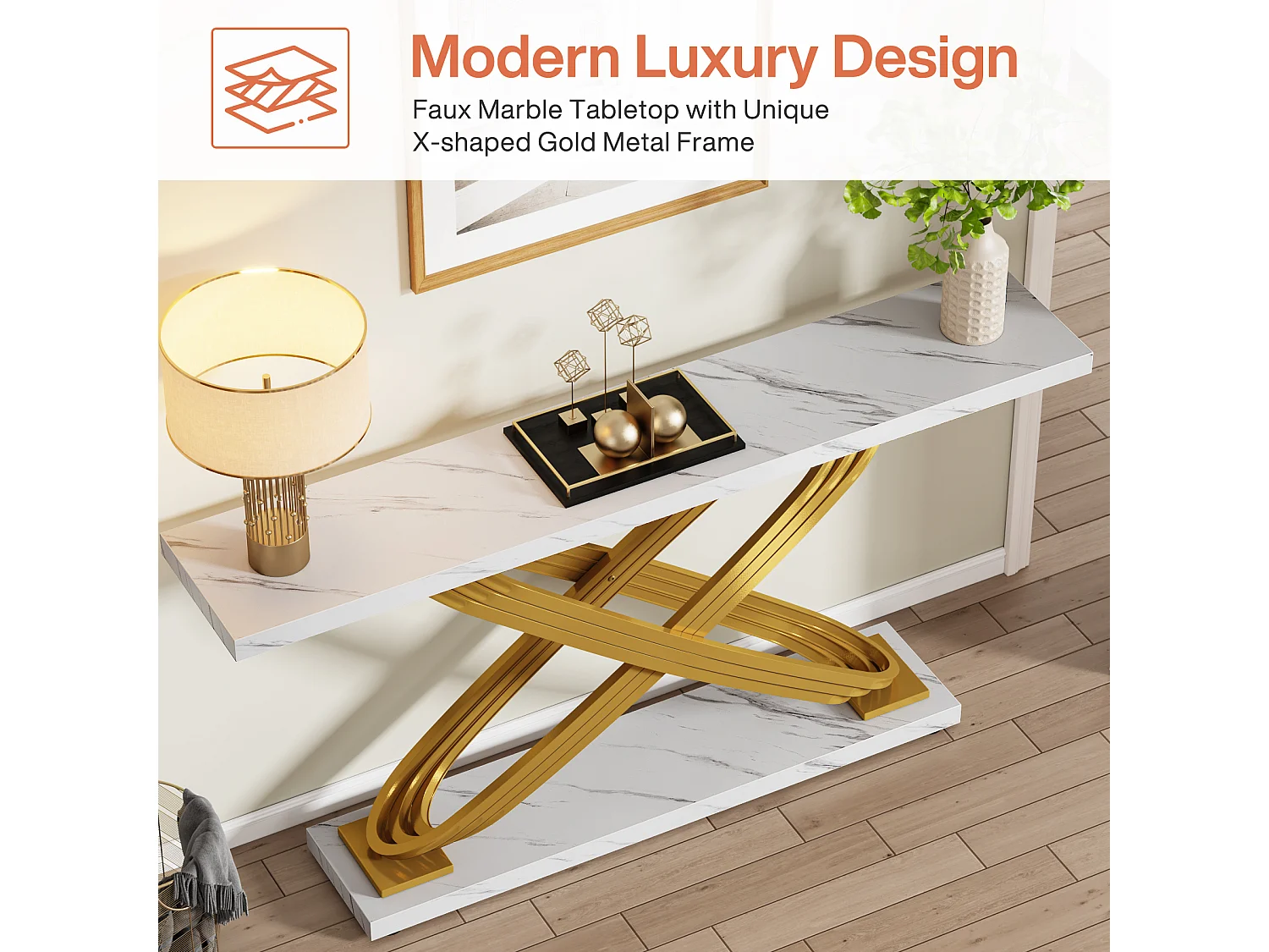 Entreeconsoletafel, 140 x 33 x 80 cm, moderne consoletafel, entreetafel met geometrische metalen poten, wit en goud