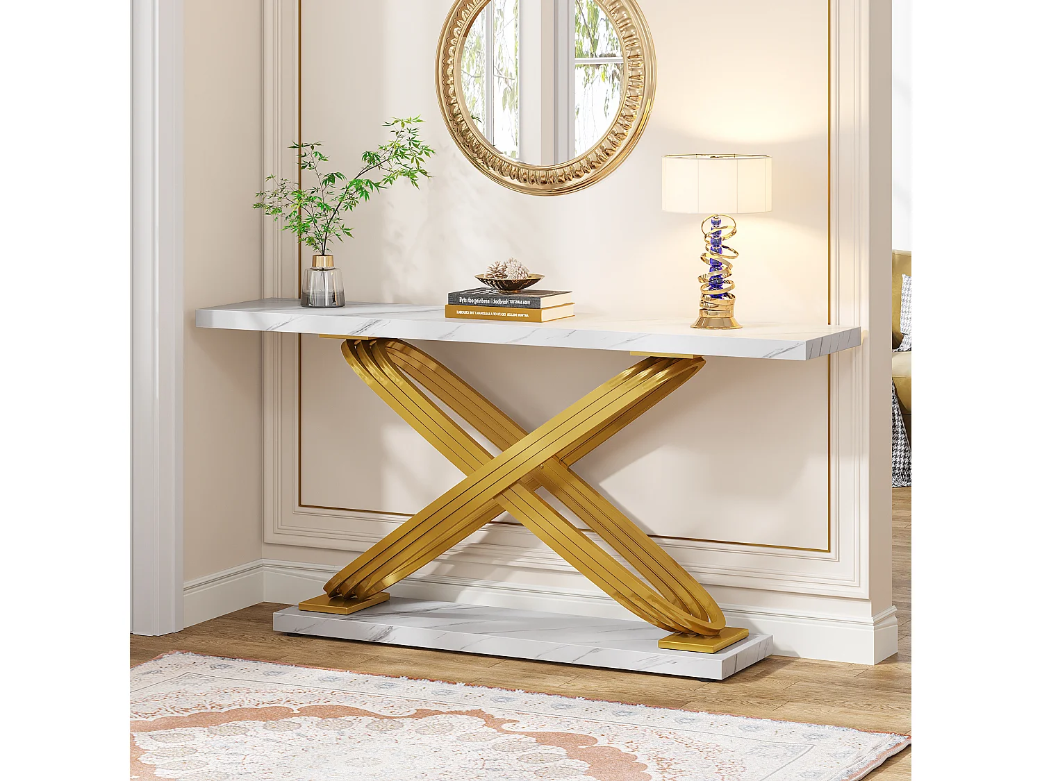 Entreeconsoletafel, 140 x 33 x 80 cm, moderne consoletafel, entreetafel met geometrische metalen poten, wit en goud