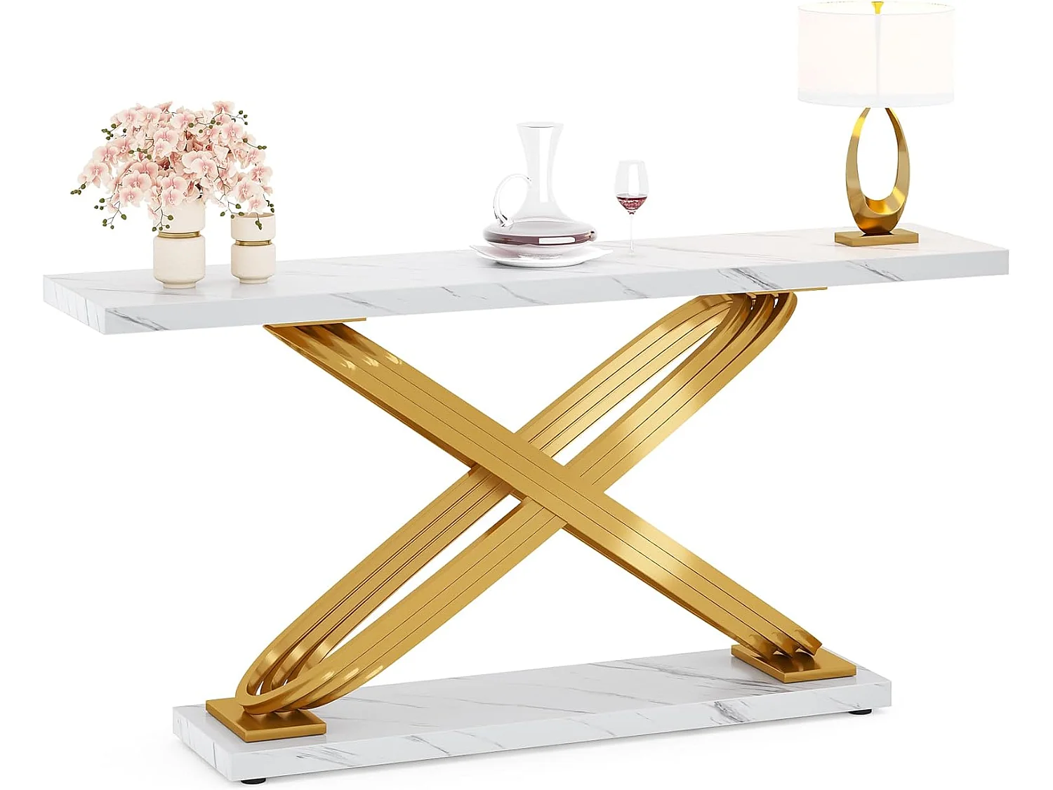 Table Console d'entrée, 140 x 33 x 80 cm Table Console Moderne, Table d'entrée avec Pieds Métalliques Géométriques,Blanc et Doré