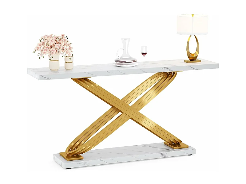 Table Console d'entrée, 140 x 33 x 80 cm Table Console Moderne, Table d'entrée avec Pieds Métalliques Géométriques,Blanc et Doré